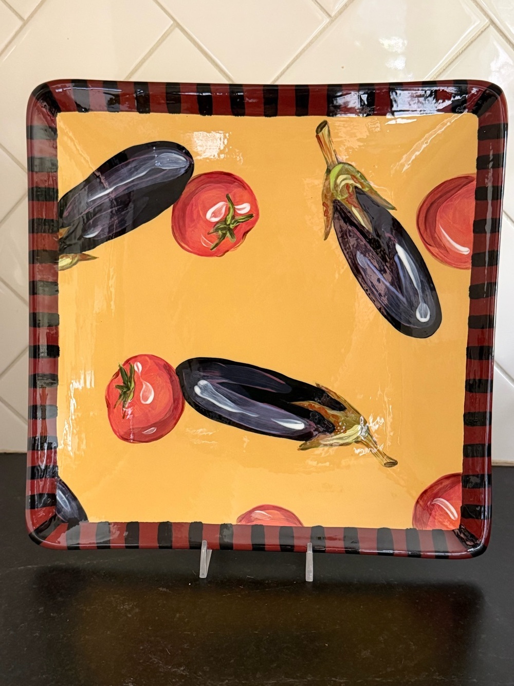 Droll Designs Eggplant and Tomato Square Plate